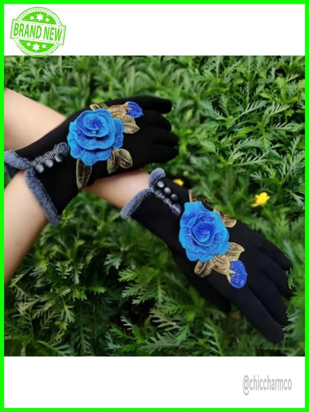 Winter Warm Mittens Fleece Lining Touchscreen Fingertips Embroidered Flowers